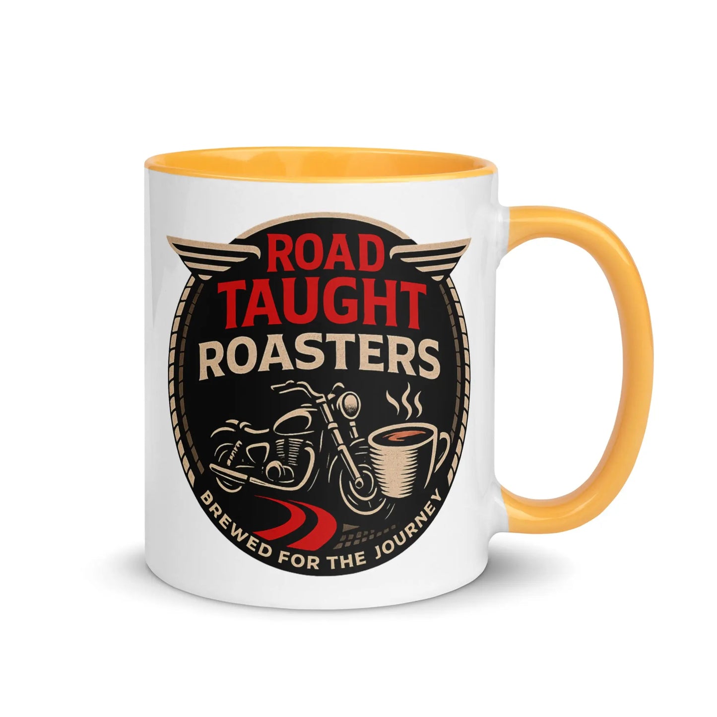White coffee mug with gold handle featuring 'Road Taught Roasters' design 