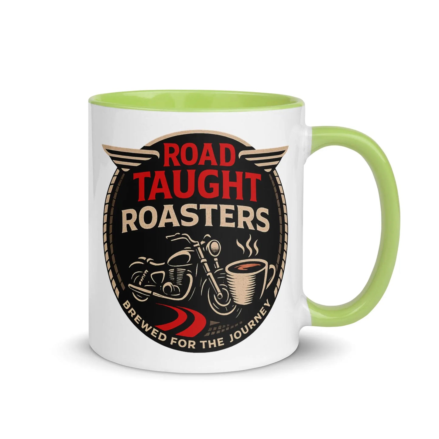White coffee mug with light green handle featuring 'Road Taught Roasters' design 