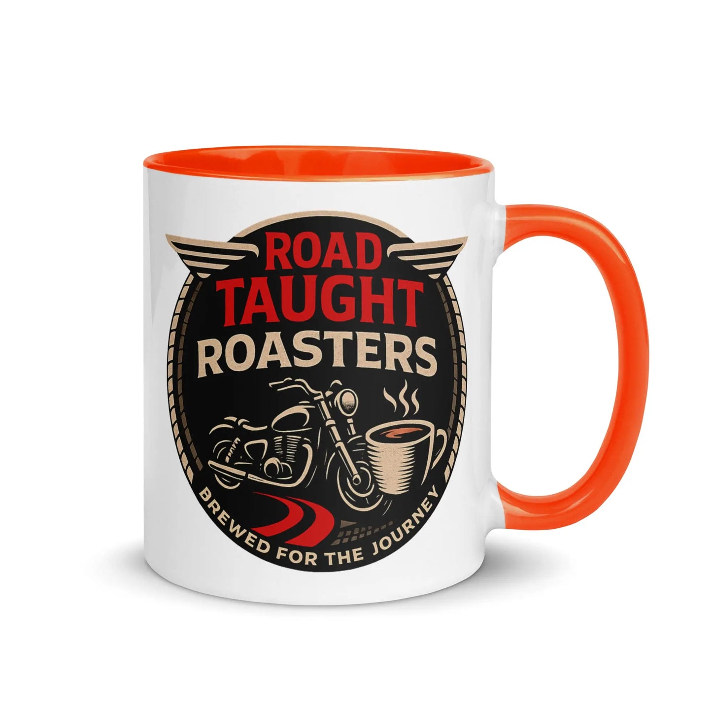 White coffee mug with orange handle featuring 'Road Taught Roasters' design 