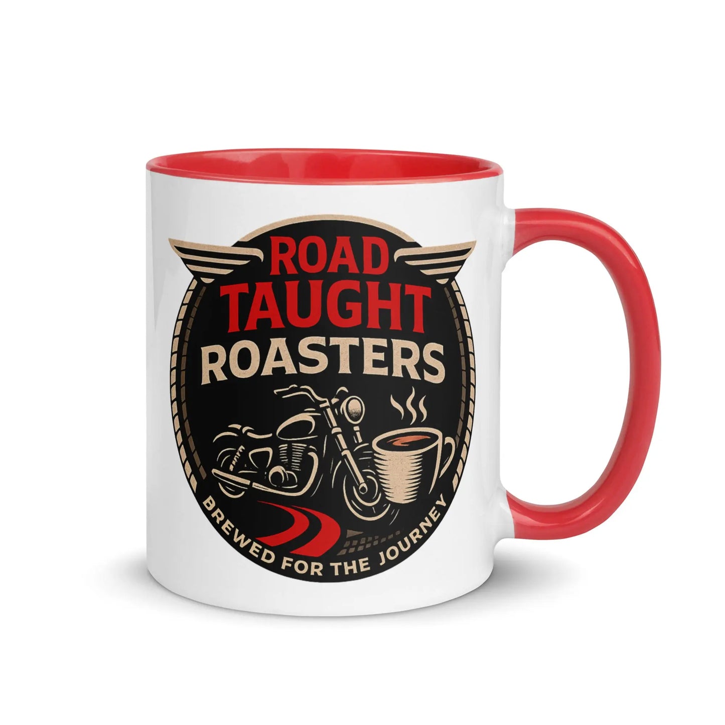 White coffee mug with red handle featuring 'Road Taught Roasters' design 