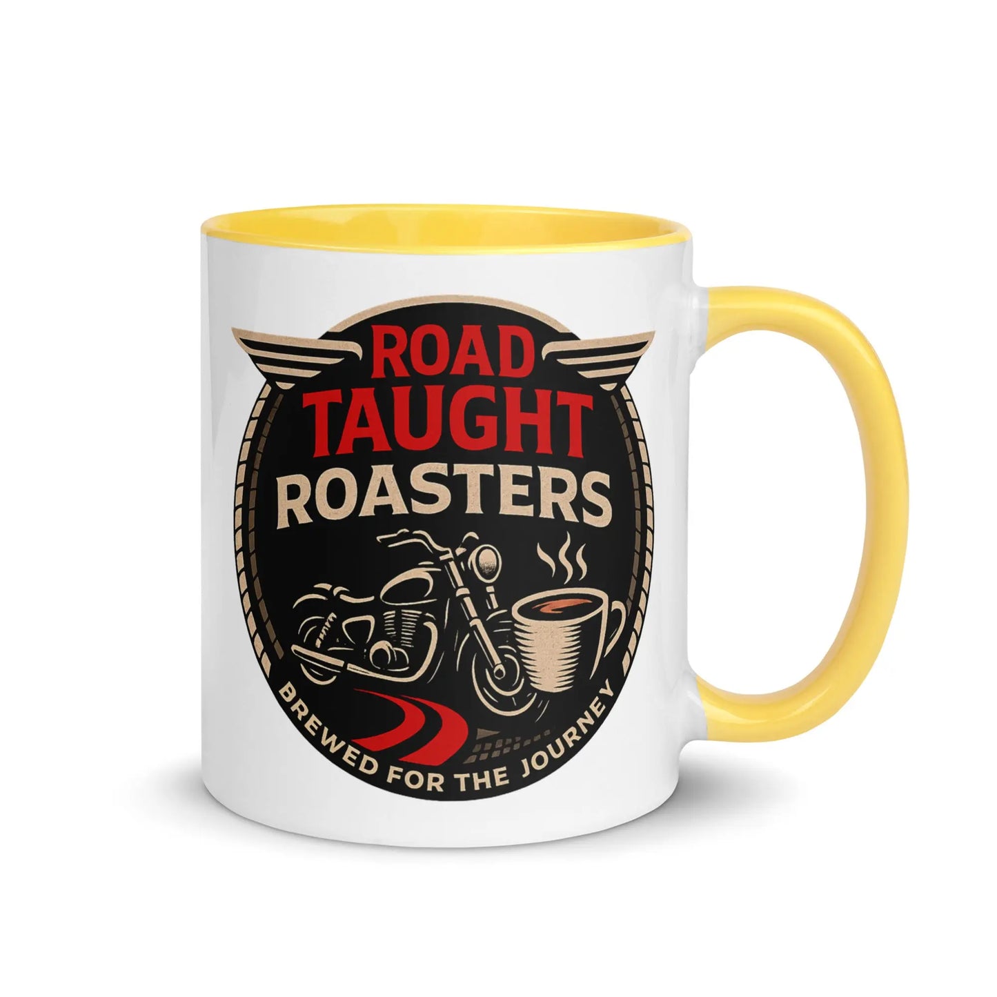 White coffee mug with yellow handle featuring 'Road Taught Roasters' design 